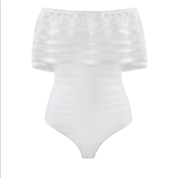 BcbgMaxazria Laced Ruffle Bodysuit NWT - Picture 2 of 9